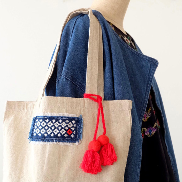 Koginzashi 流蘇環保袋☺︎ 花子紅【Koginzashi 刺繡】棉布袋☺︎ 手提袋 第1張的照片