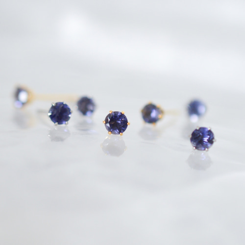 tama◆一点物✧希少✧パープルプルームアゲート×アイオライトピアス 天然石アイオライトのシンプルな一粒スタッドピアス】4mm / 青紫