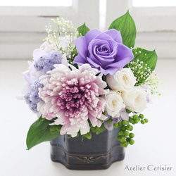 プリザーブドフラワー＜エクラン Sサイズ＞パープル 菊 ローズ 【仏花 お供え花】 4枚目の画像