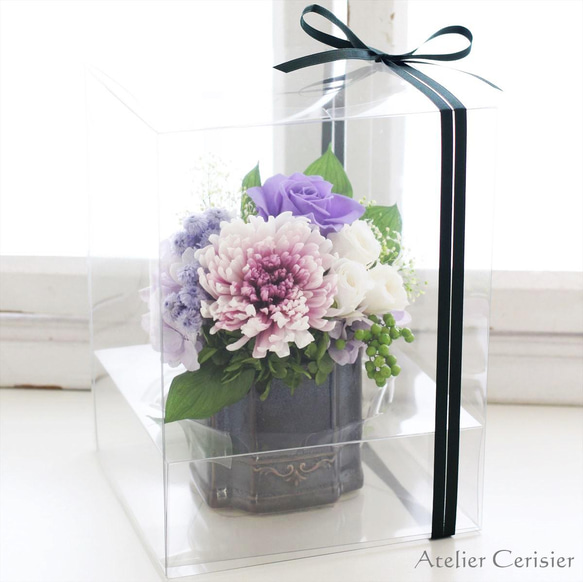 プリザーブドフラワー＜エクラン Sサイズ＞パープル 菊 ローズ 【仏花 お供え花】 5枚目の画像