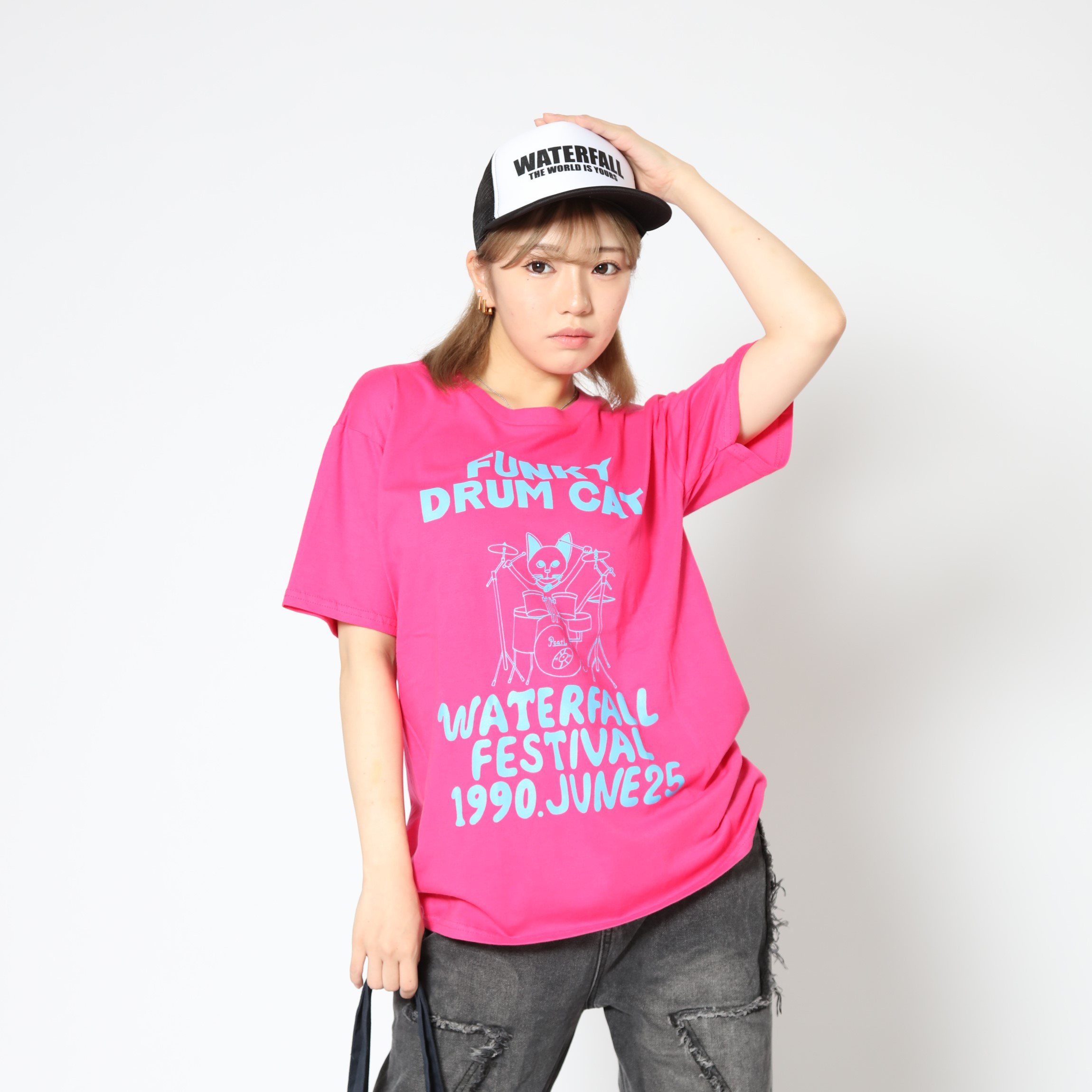 猫ツアーT「猫ドラム」（レコードワッペン）　ピンク　Mサイズ　2022新色　WATERFALLオリジナル　生産数量限定品