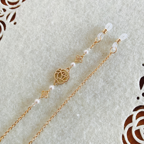 薔薇＆SWAROVSKIパールのメガネチェーン(オプション選択でマスク
