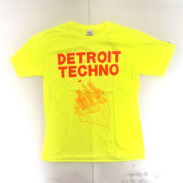 テクノTシャツ「デトロイトテクノ（DETROIT TECHNO）」蛍光イエロー Lサイズ WATERFALLオリジナル 1枚目の画像