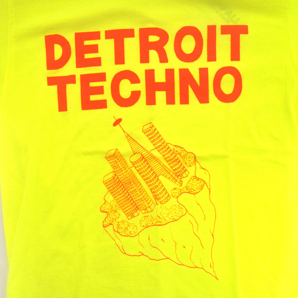 テクノTシャツ「デトロイトテクノ（DETROIT TECHNO）」蛍光イエロー Lサイズ WATERFALLオリジナル 2枚目の画像