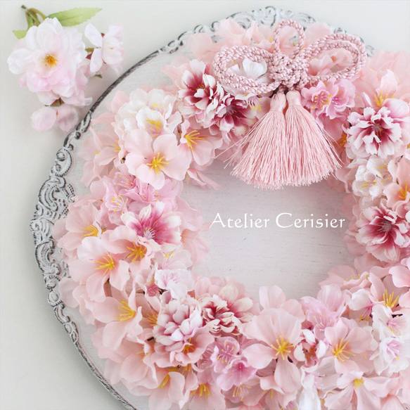 桜 リース 叶結び（願いが叶う）＜アーティフィシャルフラワー＞さくら・サクラ ライトピンク（ピンク組み紐） 2７センチ 2枚目の画像