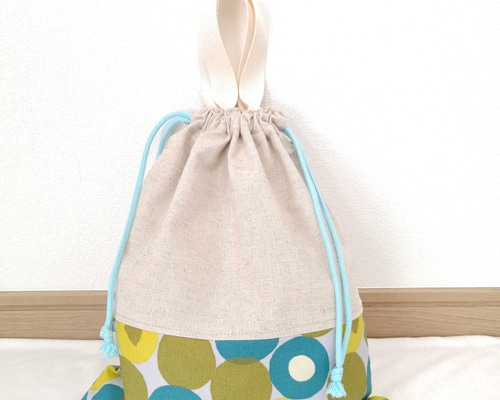 ナチュラル×青黃ドット 体操着袋・上履き入れ・巾着大 体操服袋・お