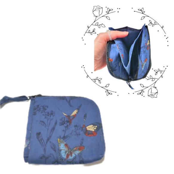 【再販】草花と昆虫柄のL字ファスナー財布(紺) 1枚目の画像