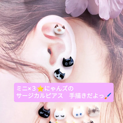 可愛い べっ甲ネコちゃんのピアス⭐アニマル アクリルプレート⭐サージカル316⭐ かわいいCZ猫ちゃんと魚骨 スタッドピアス イヤークリップ ねこ