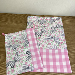 【送料無料】ランチマット・巾着袋　セット　リボン　ピンク　給食セットに♪ 2枚目の画像