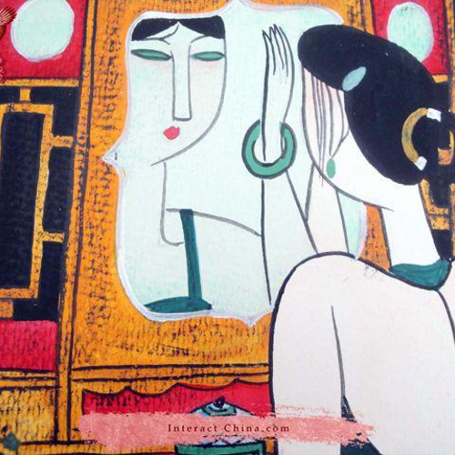 陝西省漢民族 美人画 中国 当世風アート 水彩画ペインティング