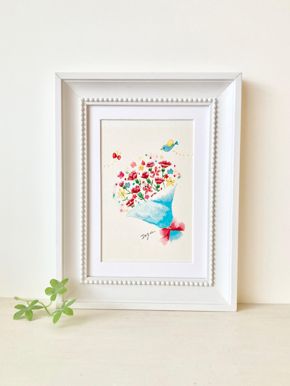透明水彩画「カーネーションの花束」イラスト A4ポスター 母の日
