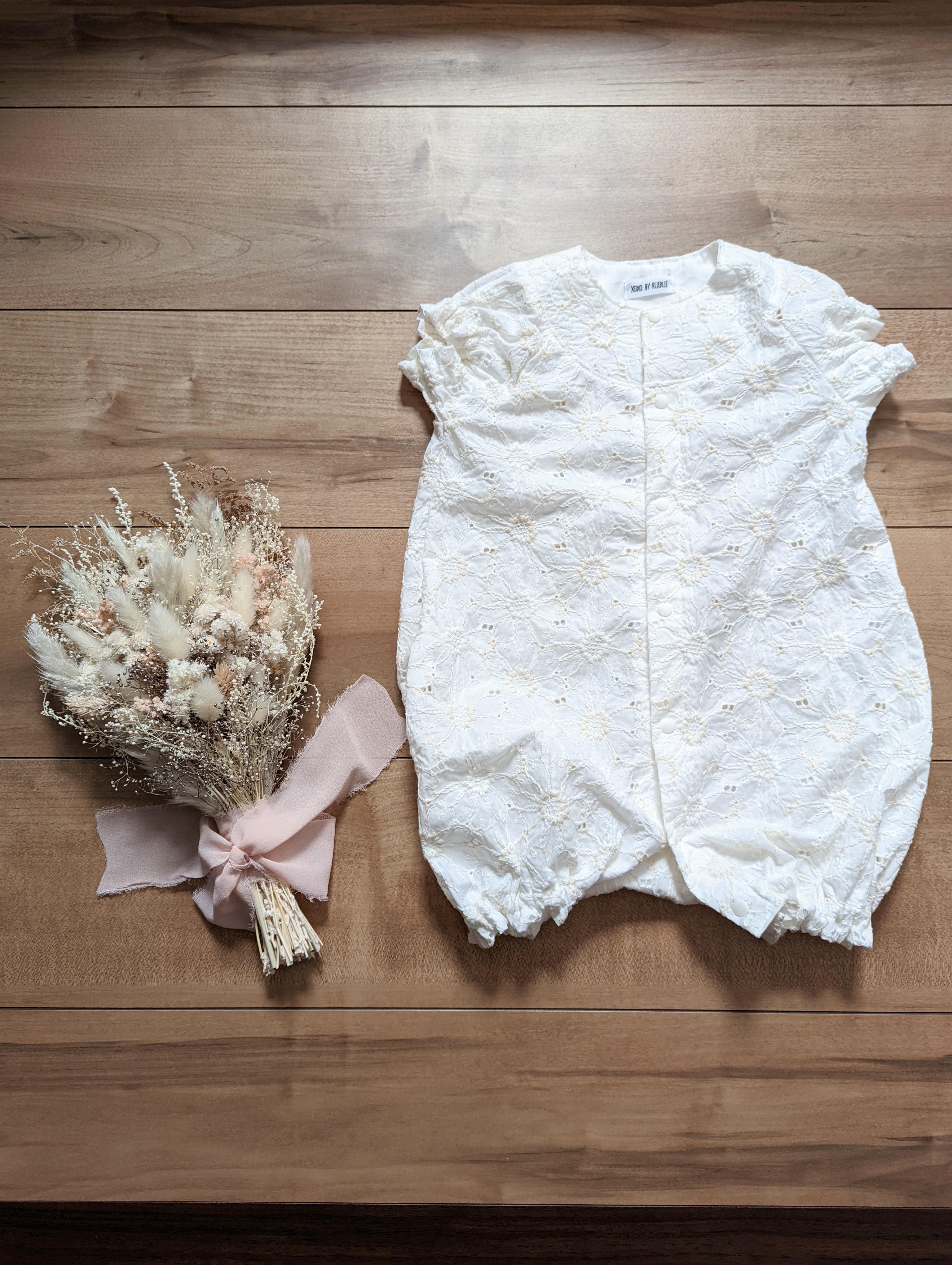 【再販10】マーガレット刺繍オフホワイト 半袖2wayオール