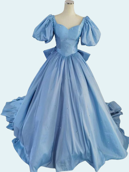 高品質！水色 クラシカル カラードレス パール 姫袖 プリンセスライン 2次会 挙式 ロングドレス