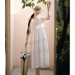 Summer sale!在庫のみ【コットン/シルク混】透かしフラワー Vネック  