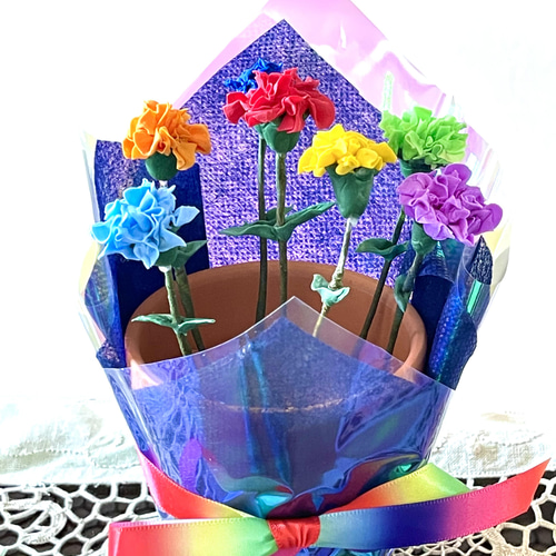 枯れないカーネーションミニ鉢植え レインボー ラッピング付き アート