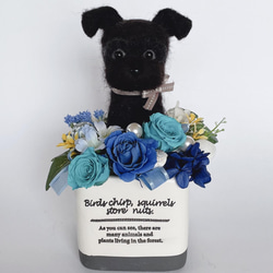 シュナウザー（黒）のプリザーブドフラワーアレンジメント　ブルー　犬　母の日 1枚目の画像