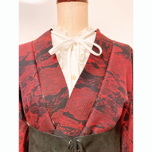 展示品　◇和洋 きものコーデ◇ セット売り　赤　オレンジ系　ベルト付き　1点もの 展示品◇和洋 きものコーデ◇ セット売り赤オレンジ系ベルト付き