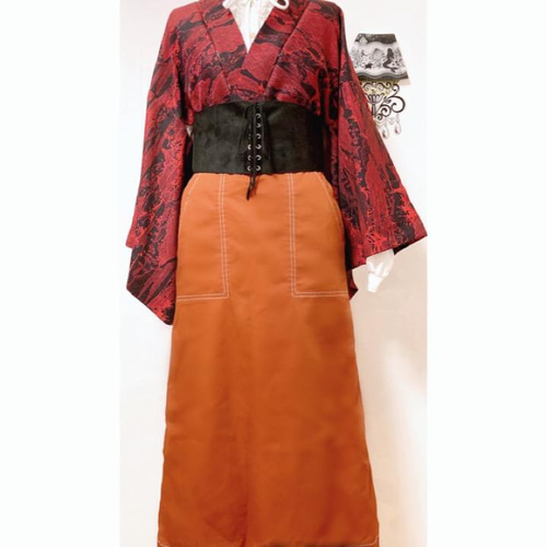 展示品　◇和洋 きものコーデ◇  セット売り　オレンジ系　花柄　ベルト付き 展示品◇和洋 きものコーデ◇ セット売りオレンジ系花柄ベルト付き