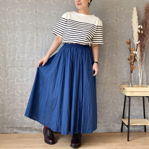 綿麻シャンブレー フレアスカート ブルー ロングスカート