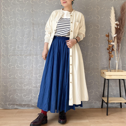 綿麻シャンブレー フレアスカート ブルー ロングスカート