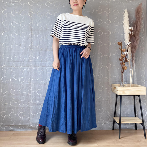 綿麻シャンブレー フレアスカート ブルー ロングスカート（マキシ丈 