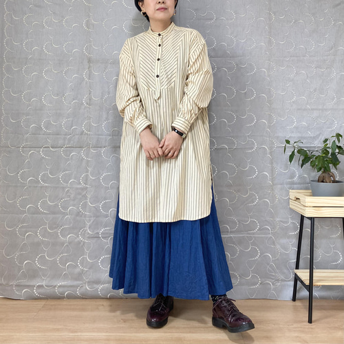 綿麻シャンブレー フレアスカート ブルー ロングスカート（マキシ丈