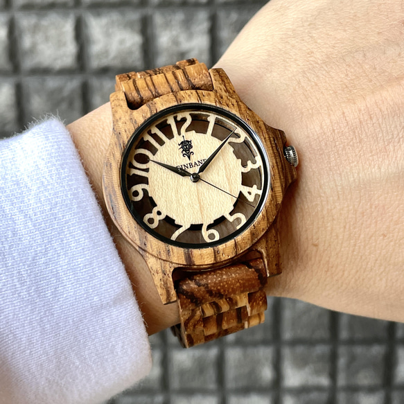 【木製腕時計】EINBAND Freiheit Zebrawood メイプル文字盤 木の時計 スケルトン【40mm】 8枚目の画像