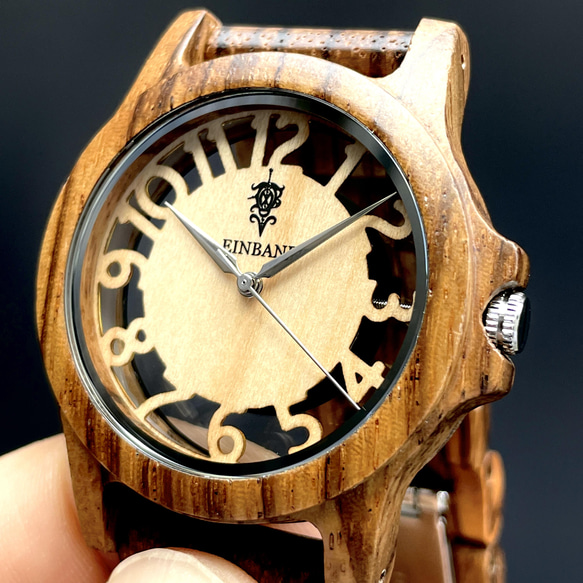 【木製腕時計】EINBAND Freiheit Zebrawood メイプル文字盤 木の時計 スケルトン【40mm】 3枚目の画像