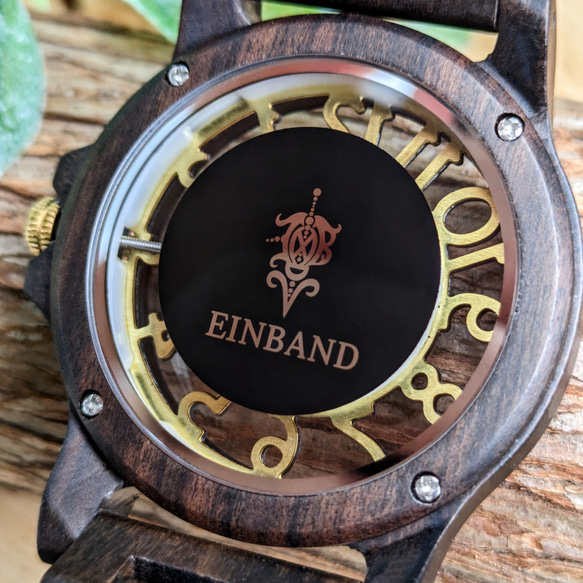 【木製腕時計】EINBAND Freiheit Sandalwood & Gold 木の時計 スケルトン【40mm】 6枚目の画像