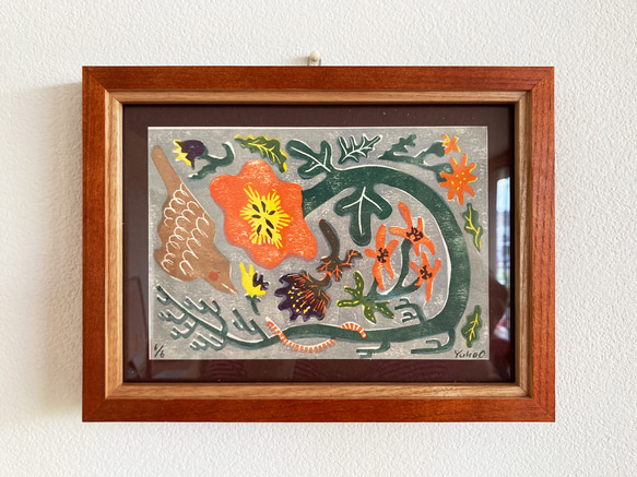 花とヒヨドリ《オレンジ》 版画 アート ハガキサイズ 版画