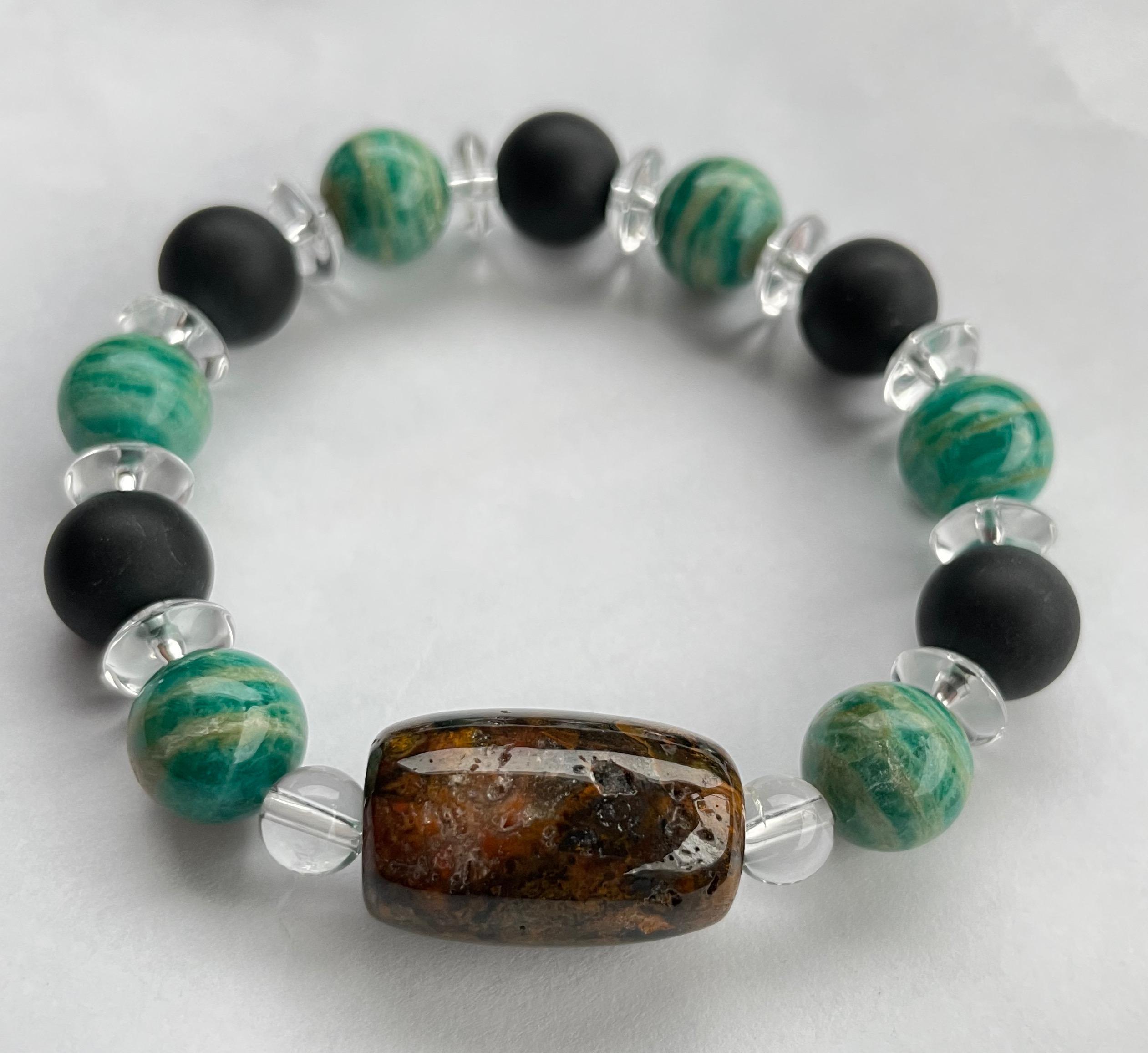 【災いから避け健康と希望へ導く】戦国瑪瑙&ゼブラアマゾナイト&シュンガイト　 天然石ブレスレット