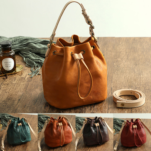 本革手作りのレザーバケットバッグ 五色選択可能 可愛いショルダー