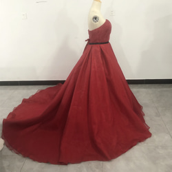 憧れのドレス カラードレス 高級イタリアサテン　 ワインレッド ベアトップ  サッシュベルト 抜群のおしゃれ見え 2枚目の画像