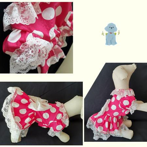 犬服ワンピース【新作】濃いピンクに大きなドット柄 パフスリーブ 送料