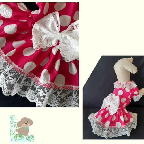 犬服ワンピース【新作】濃いピンクに大きなドット柄 パフスリーブ 送料