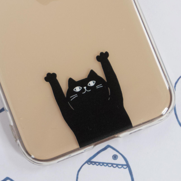 ソフトケース （クリアケース＆TPU 柔らか素材）透明 SE3 黒猫 【ばんざい猫さん】 北欧 2枚目の画像