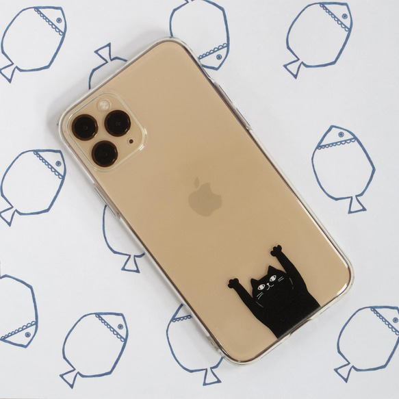 ソフトケース （クリアケース＆TPU 柔らか素材）透明 SE3 黒猫 【ばんざい猫さん】 北欧 1枚目の画像