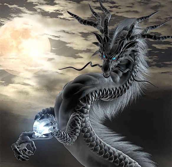 龍の絵「月雲・黒龍」自作A4　竜の絵 2枚目の画像