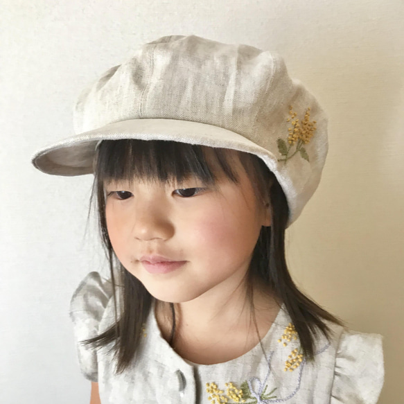 【キッズ】フレンチリネンのかすみ草手刺繍 キャスケット帽　 8枚目の画像