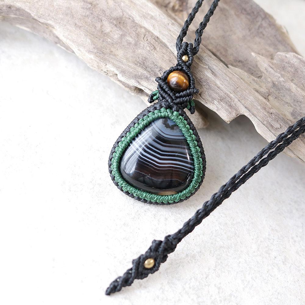 アゲート＆タイガーアイマクラメネックレスmac278天然石エスニックアジアンエキゾチックなアクセサリー