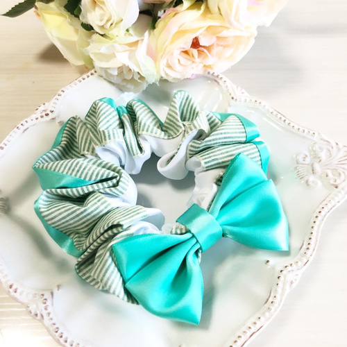 ストライプ ボリュームシュシュ ミントグリーン シュシュ D☆Lilly