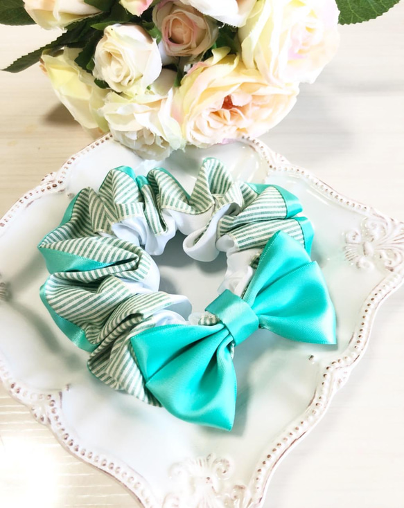 ストライプ ボリュームシュシュ ミントグリーン シュシュ D☆Lilly