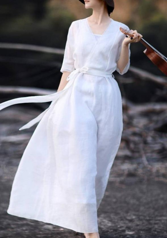 白色文芸ラミー麻ワンピース超仙人V襟リゾート膝の長いスカート 4枚目の画像