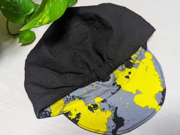 帽子　サイクルキャップ　ワーク型『リバーシブル綿麻　黒黄B』 6枚目の画像