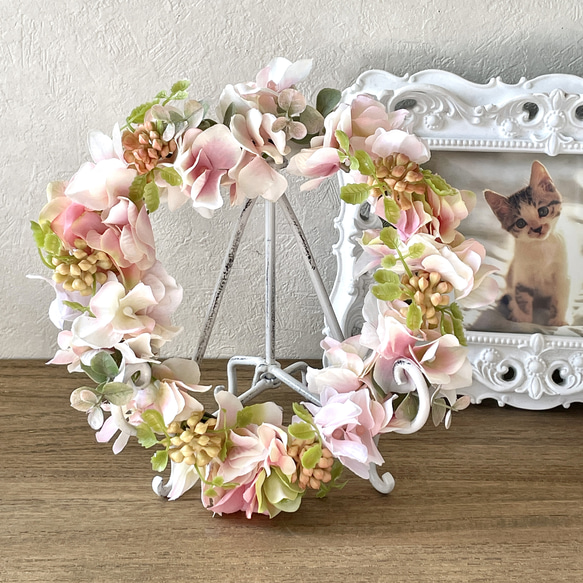 虹の橋の花冠 いつかまた会えるあの子へ 虹の橋のぬくもり クリームピンク お供えの花冠 お悔やみの花冠 リース ギフト 1枚目の画像