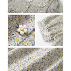ライトグレーパープルレトロスタイルUネックスモールフローラルドレススウィートファンガスエッジハイウエストレースアップドレス 3枚目の画像