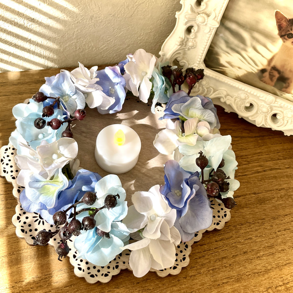 虹の橋のかおり いつかまた会えるあの子へ 虹の橋の花冠 ブルー お供えの花冠 お悔やみの花冠 リース ギフト 17枚目の画像