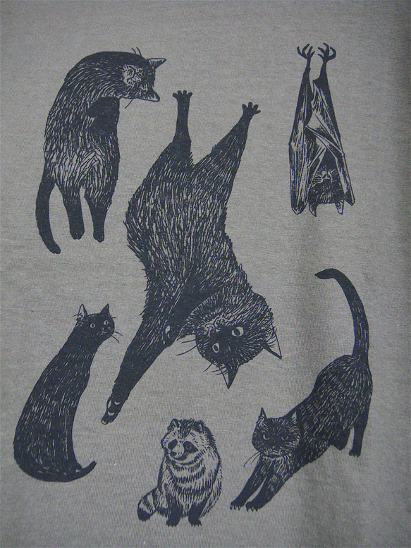 ※２種類【シルク印刷】黒猫とコウモリとタヌキ：女子S〜Mサイズ（150〜160cm対応サイズ）水色・グレー 6枚目の画像