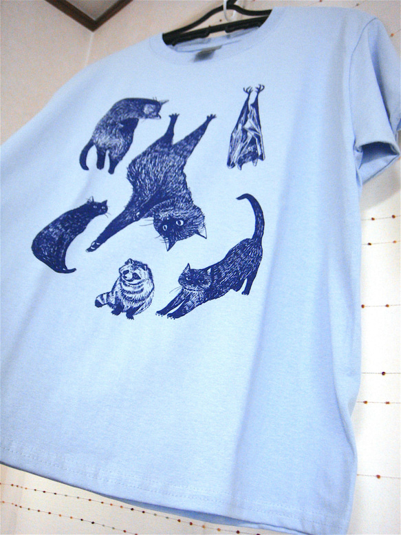 ※２種類【シルク印刷】黒猫とコウモリとタヌキ：女子S〜Mサイズ（150〜160cm対応サイズ）水色・グレー 7枚目の画像