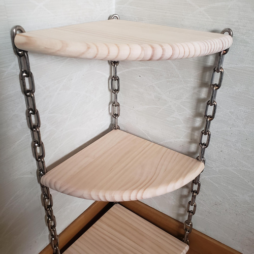 鎖が立ってる？コーナーラック三段 ステンレスチェーン×木 棚